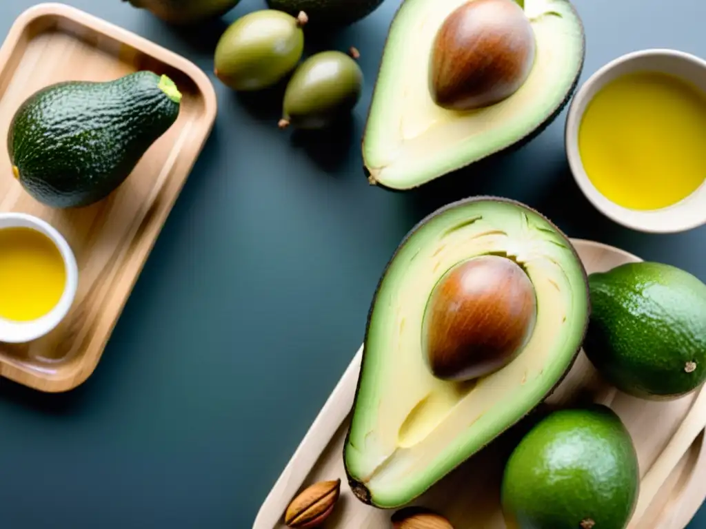 Nutrición fitness: Variedad de grasas saludables en detalle Selección de grasas saludables en detalle sobre tabla moderna