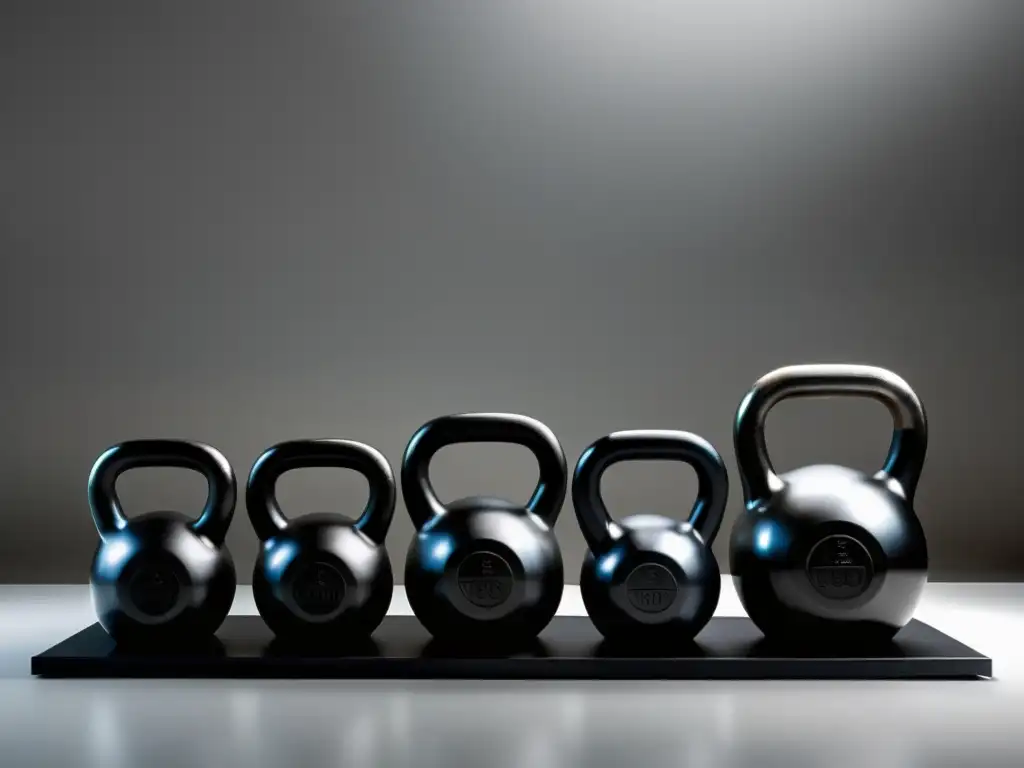 Kettlebells Rusos de Diseño Premium Una selección de las mejores pesas rusas para entrenamiento, exhibidas en un elegante soporte, destacando su calidad premium y atractivo moderno