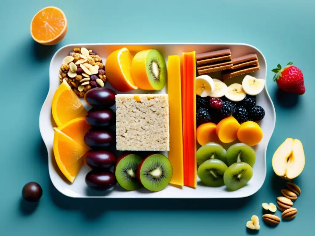 Deliciosos snacks energéticos para una vida saludable Una selección de snacks energizantes para largas tiradas de entrenamiento, presentados en un elegante plato moderno con una composición visualmente atractiva y equilibrada