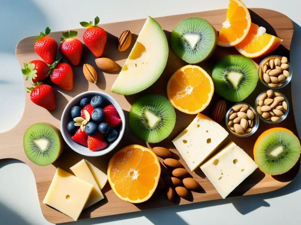 Bandeja de snacks energizantes y coloridos Una selección de snacks inteligentes para nutrición deportiva con frutas, frutos secos, semillas, queso y proteínas, en una elegante tabla de presentación