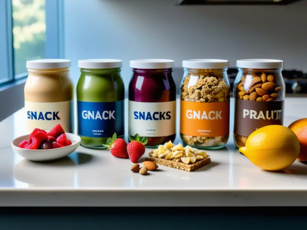 Snacks saludables en un moderno mostrador Una selección de snacks inteligentes para nutrición deportiva en un elegante mostrador con luz natural