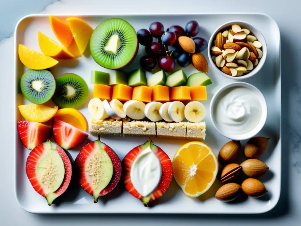 Snacks saludables para deportistas: variedad vibrante y tentadora Una selección de snacks inteligentes para nutrición deportiva, vibrantes y ordenados en una elegante bandeja, con beneficios etiquetados