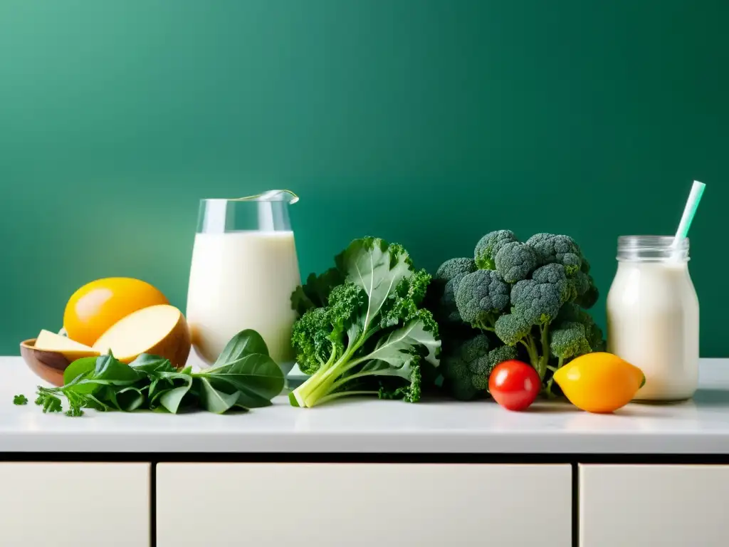 Alimentos ricos en calcio para atletas Una selección variada de alimentos ricos en calcio en una encimera de cocina moderna