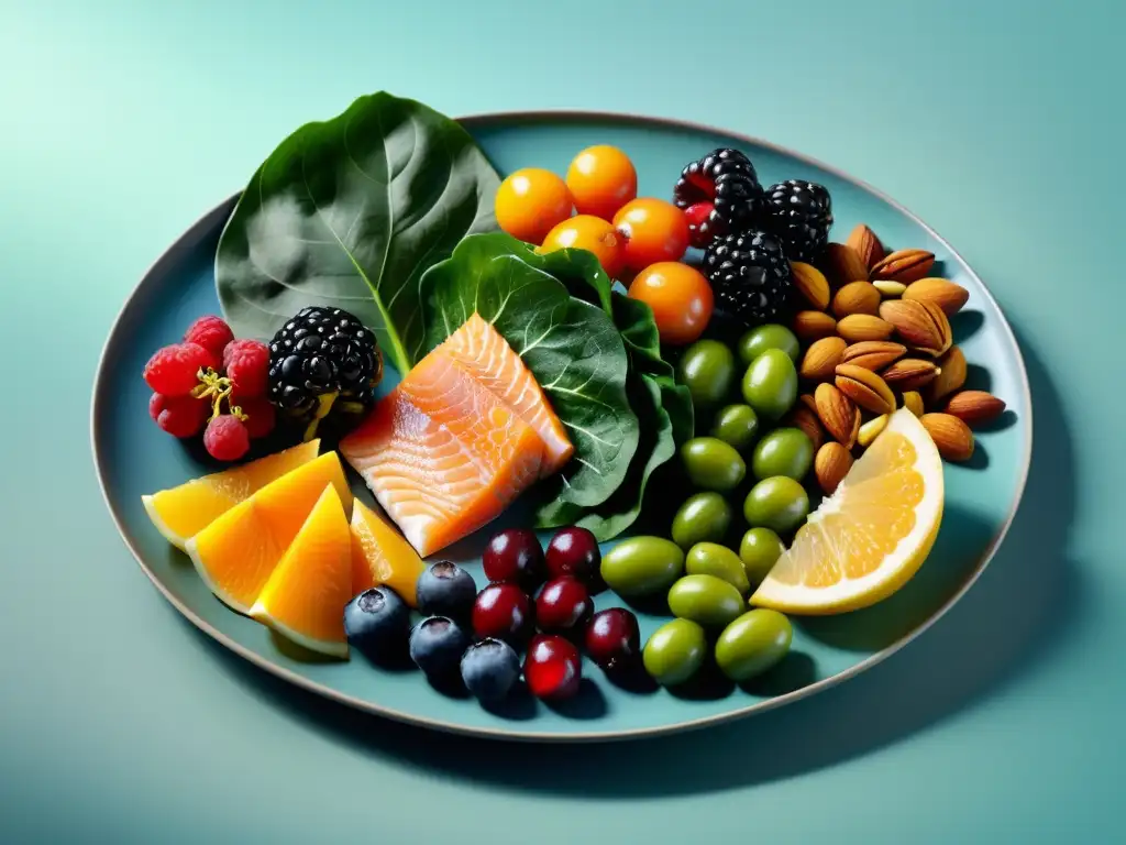 Alimentos antiinflamatorios: vitalidad en cada bocado Una selección vibrante de alimentos antiinflamatorios para atletas acuáticos, que evocan vitalidad y nutrición en una presentación artística con iluminación natural suave