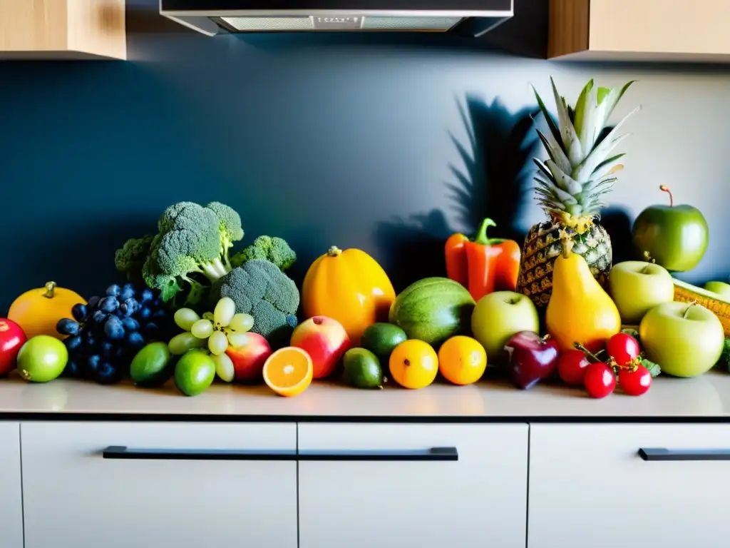 Nutrición equilibrada para triatletas: vitalidad en la cocina Una selección vibrante de alimentos nutritivos y energéticos en una cocina moderna