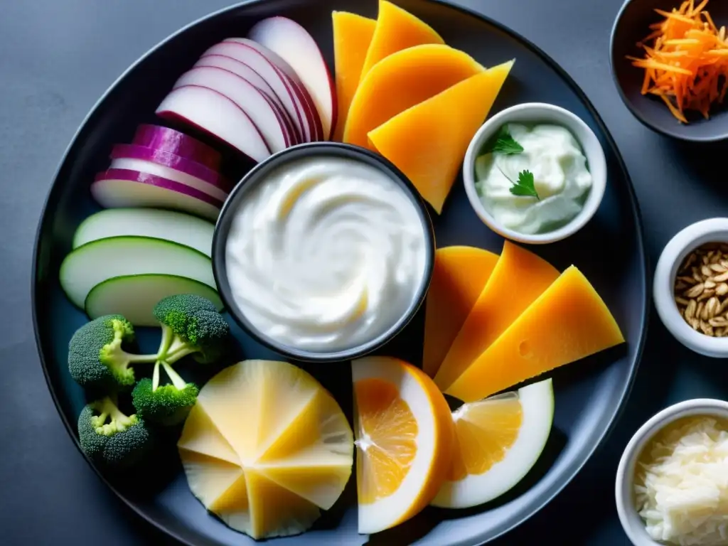 Alimentos probióticos: una explosión de color y salud Una selección vibrante de alimentos probióticos frescos y coloridos, como yogur, kimchi, chucrut, kéfir y kombucha, dispuestos con elegancia en una bandeja negra