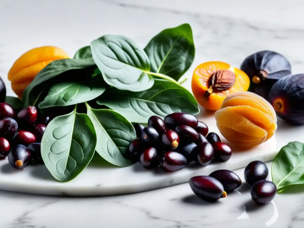 Alimentos ricos en hierro: frescura y vitalidad Una selección vibrante de alimentos ricos en hierro sobre una tabla de mármol blanco