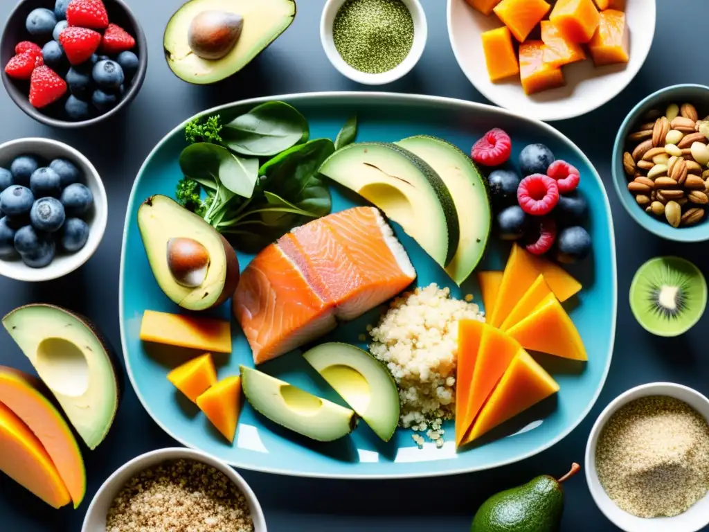 Plato de ciclista con alimentos nutrientes Una selección vibrante de alimentos ricos en nutrientes para ciclistas avanzados: quinoa, salmón, aguacate, batata, frutas y verduras