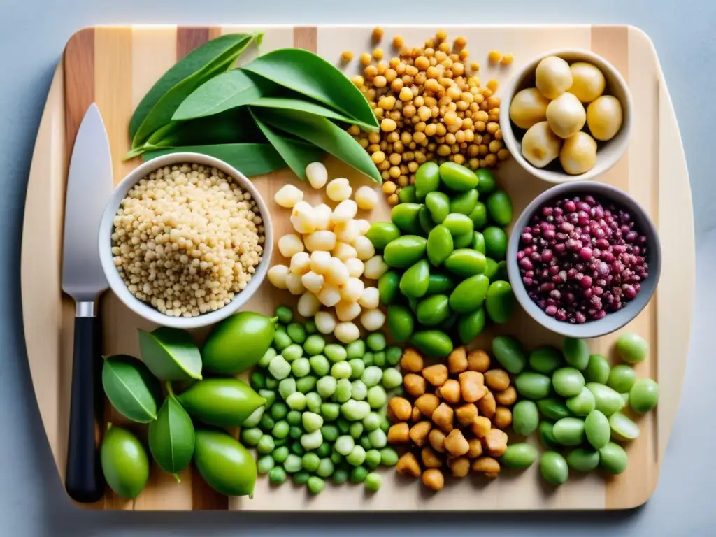 Variedad de proteínas vegetales: quinoa, lentejas, tofu y más Una selección vibrante de fuentes de proteínas vegetales para dieta vegana para ganar masa muscular en un elegante tablero de cortar