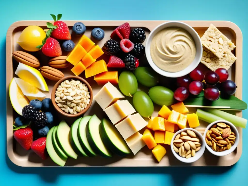Deliciosos aperitivos saludables en una presentación vibrante Snacks estratégicos para nutrición deportiva: Variedad de coloridos y saludables bocadillos en una presentación atractiva y moderna