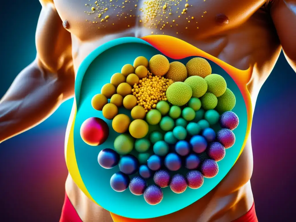 Enzimas digestivas descomponiendo alimentos en el estómago del atleta Un sorprendente primer plano de enzimas digestivas descomponiendo partículas de comida en el estómago de un atleta