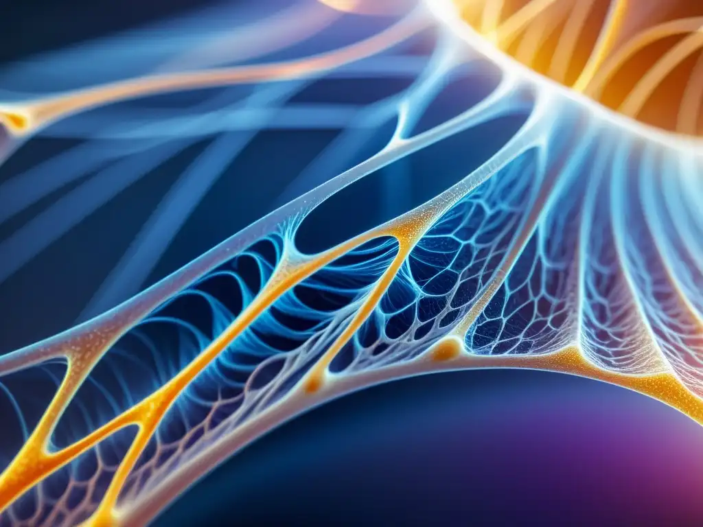 Colágeno humano: belleza y fortaleza en tejidos conectivos Tejido conectivo humano con fibras de colágeno entrelazadas, resaltando la fuerza y flexibilidad