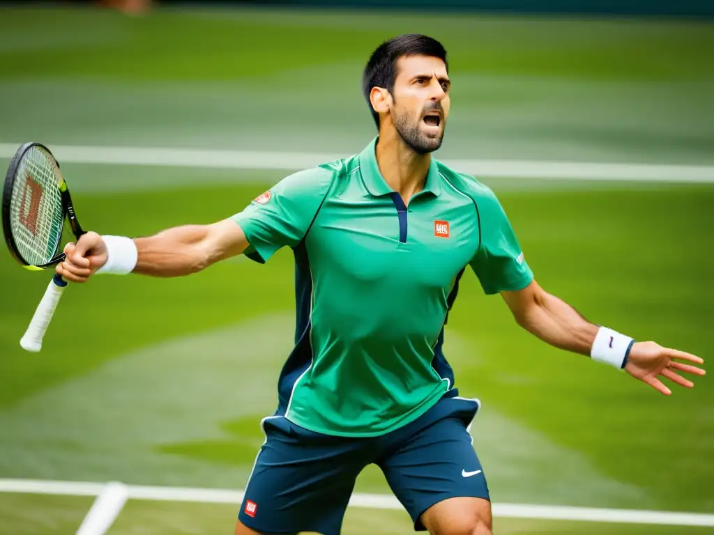 Novak Djokovic: Intensidad en la pista de tenis El tenista profesional Novak Djokovic se prepara para servir en la pista de tenis, demostrando su agilidad y fuerza
