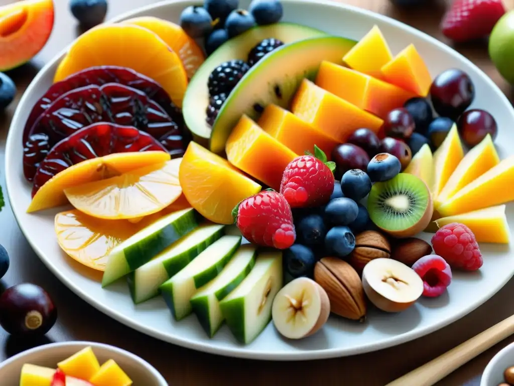 Plato de bocadillos saludables y coloridos Una tentadora selección de frutas, frutos secos y snacks proteicos en un elegante plato