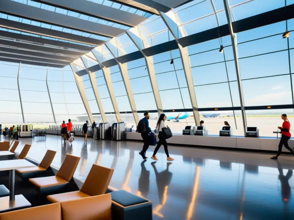 Aeropuerto moderno y saludable: Viajeros activos y comida nutritiva Terminal de aeropuerto moderno con viajeros activos y saludables, capturando la esencia de la dieta fitness para viajes deportivos