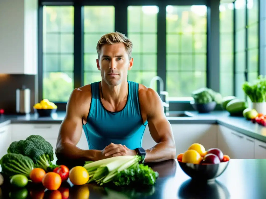Triatleta profesional preparando comida saludable con determinación Triatleta preparando comida vibrante rodeado de antioxidantes