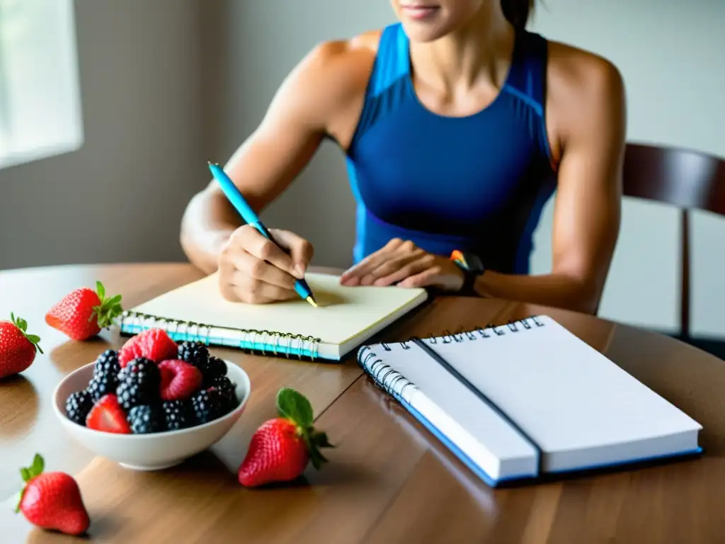 Planificación cuidadosa: Triatleta y antioxidantes Un triatleta planifica su dieta rodeado de antioxidantes como arándanos, fresas y moras, destacando su dedicación a la salud