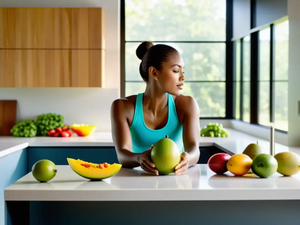 Triatleta disfrutando de una exquisita comida saludable Un triatleta disfrutando la frescura de frutas y verduras antioxidantes en su cocina minimalista