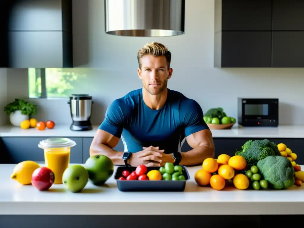 Preparación de comida de triatleta: precisión y nutrientes Un triatleta organiza meticulosamente ingredientes coloridos en contenedores, en una cocina minimalista
