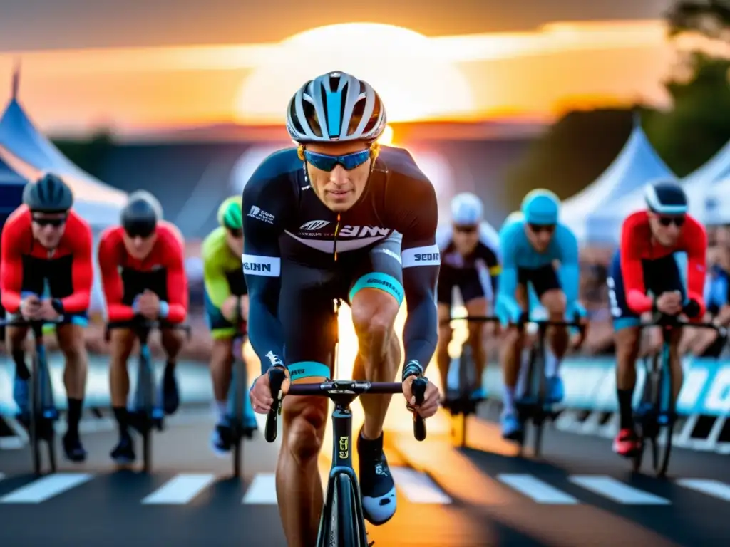 Competencia de triatlón al amanecer: preparación profesional y enfocada Un triatleta listo para competir, rodeado de suplementos deportivos de alta tecnología con el sol saliendo al fondo