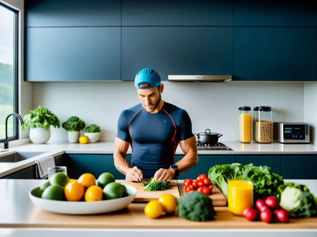 Preparación profesional de comidas para triatletas en cocina minimalista Un triatleta prepara una variedad de comidas nutritivas en una cocina minimalista, mostrando la adaptabilidad de su dieta