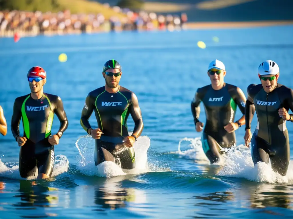 Triatletas emergiendo del agua en una carrera de triatlón Triatletas en aguas abiertas, con trajes de neopreno brillantes, pedaleando hacia la transición