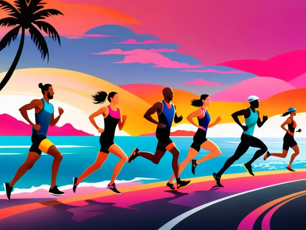 Corredores de triatlón al atardecer: determinación y belleza costera Triatletas corriendo al atardecer en la costa, con el cielo en tonos naranjas y rosas