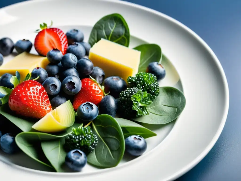 Plato saludable con alimentos antioxidantes vibrantes Variedad de alimentos antioxidantes en un plato blanco moderno, exudando frescura y salud para una dieta orientada al entrenamiento deportivo