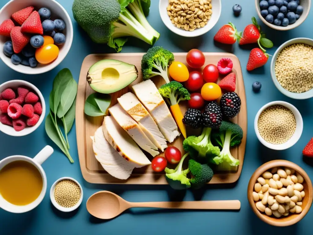Variedad de alimentos ricos en nutrientes para atletas Una variedad de alimentos nutrientes sobre tabla de madera