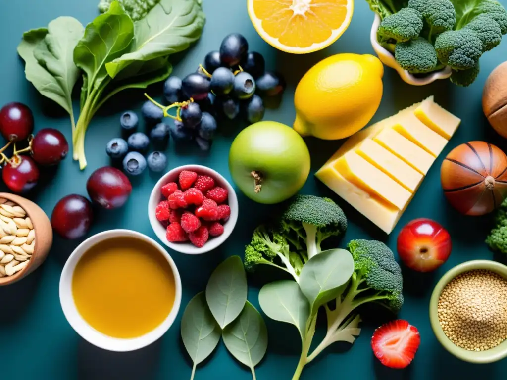 Alimentos Nutritivos para un Rendimiento Óptimo Una variedad de alimentos nutritivos y coloridos para nutrición deportiva personalizada para atletas