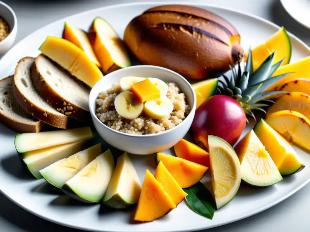 Deliciosos alimentos ricos en carbohidratos Una variedad de alimentos ricos en carbohidratos en un plato blanco moderno, resaltando la importancia de la carga de carbohidratos