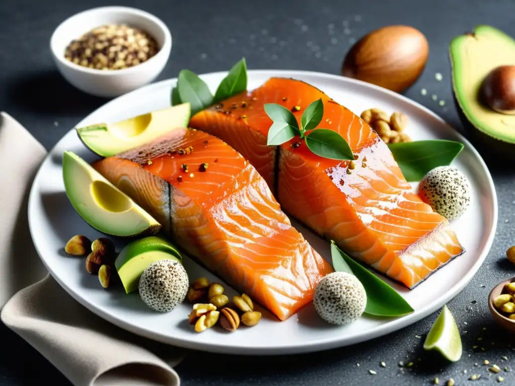 Delicias Omega3: Elegante plato con salmón, chía, nueces y aguacate Una variedad de alimentos ricos en Omega3 en un plato moderno