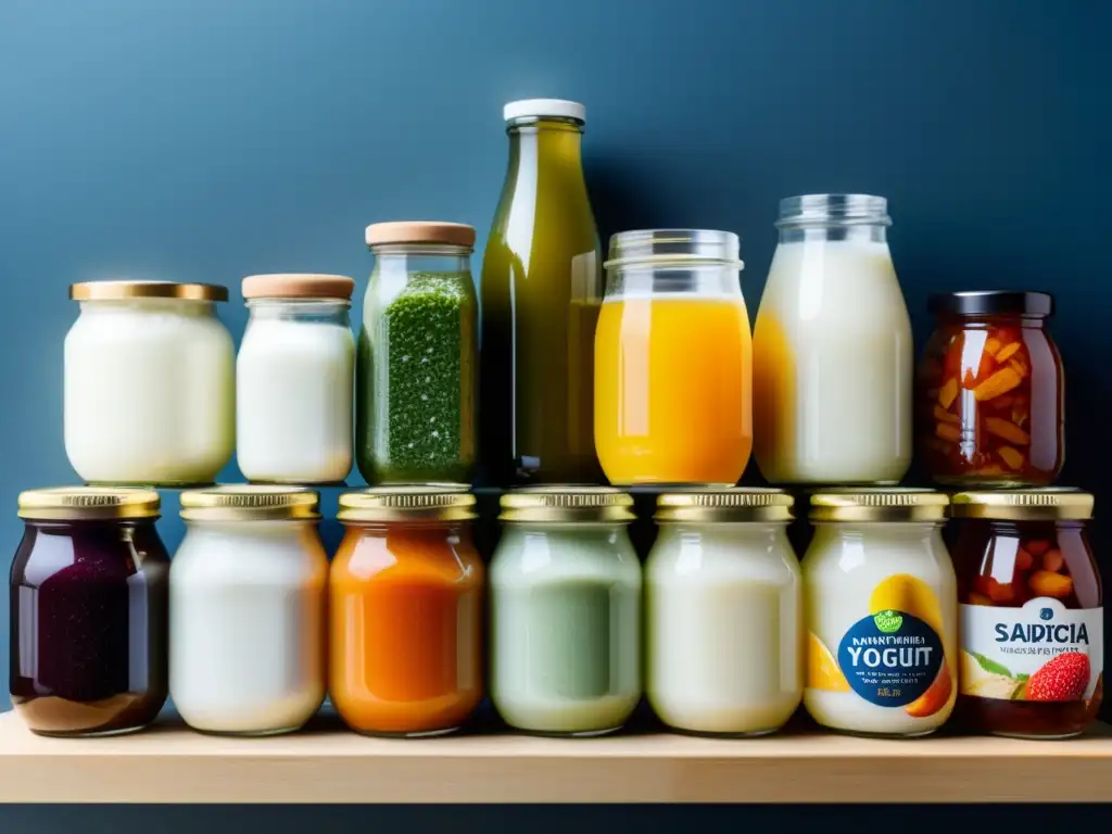 Variedad de Alimentos Probióticos en Closeup Una variedad de alimentos ricos en probióticos como yogur, kéfir, kimchi, chucrut y kombucha, en una presentación moderna