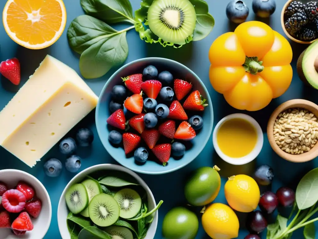 Variedad de alimentos vibrantes y frescos que promueven la nutrición deportiva para vencer el insomnio, con una presentación visualmente atractiva