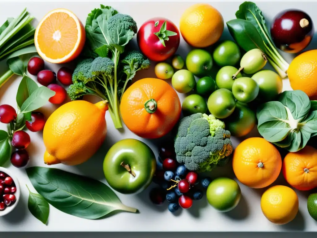 Variedad de frutas y verduras frescas para huesos fuertes Una variedad colorida de frutas y verduras frescas en una encimera de cocina moderna, resaltando la importancia de las vitaminas para la salud ósea