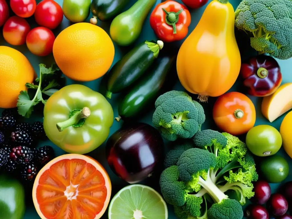 Variedad de frutas y verduras frescas: colores y texturas Una variedad colorida de frutas y verduras frescas que transmiten abundancia y riqueza nutricional para la nutrición deportiva de mujeres maratonistas