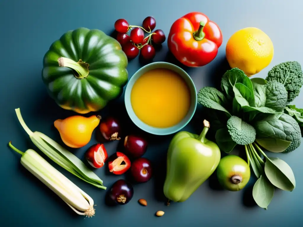 Vibrante exhibición de frutas y verduras para una nutrición equilibrada Variedad de frutas y verduras frescas en mostrador moderno, destacando la importancia del timing nutricional en la recuperación muscular