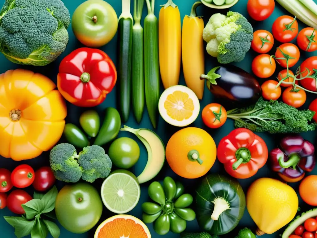 Patrón vibrante de frutas y verduras frescas Una variedad de frutas y verduras frescas en un patrón moderno y colorido, resaltando la diversidad y la belleza natural de las opciones nutritivas