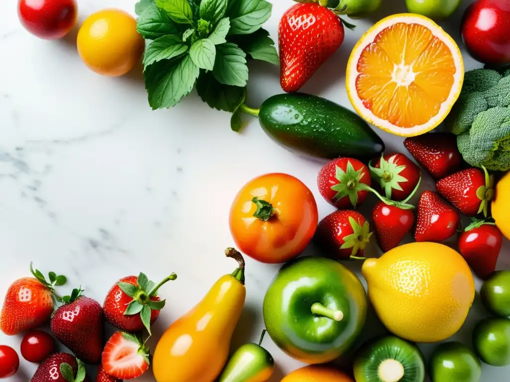 Exquisita variedad de frutas y verduras frescas en mármol blanco Una variedad de frutas y verduras frescas y coloridas sobre una encimera de mármol blanco