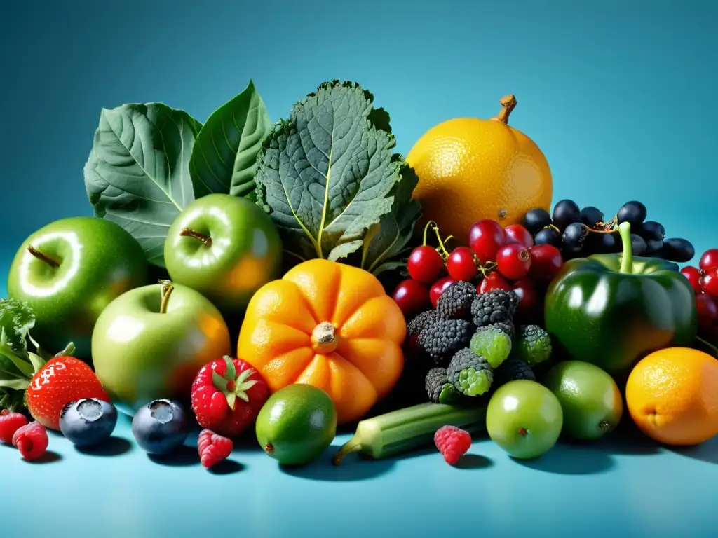 Exquisita variedad de frutas y verduras frescas Una variedad de frutas y verduras frescas y vibrantes, perfectamente dispuestas para resaltar sus colores y texturas naturales