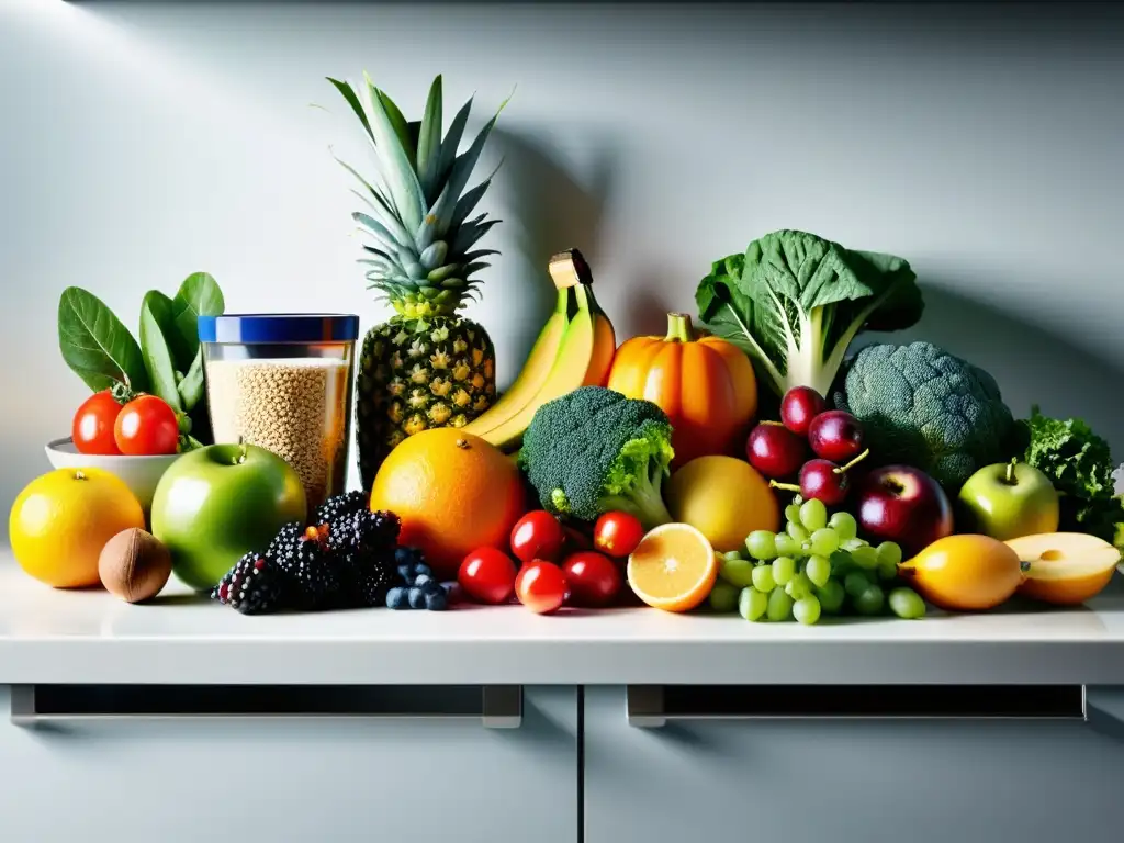 Vibrante cocina saludable: frutas, verduras y lácteos Variedad de frutas, verduras y lácteos brillantes en una cocina moderna, resaltando la importancia de vitaminas para salud ósea