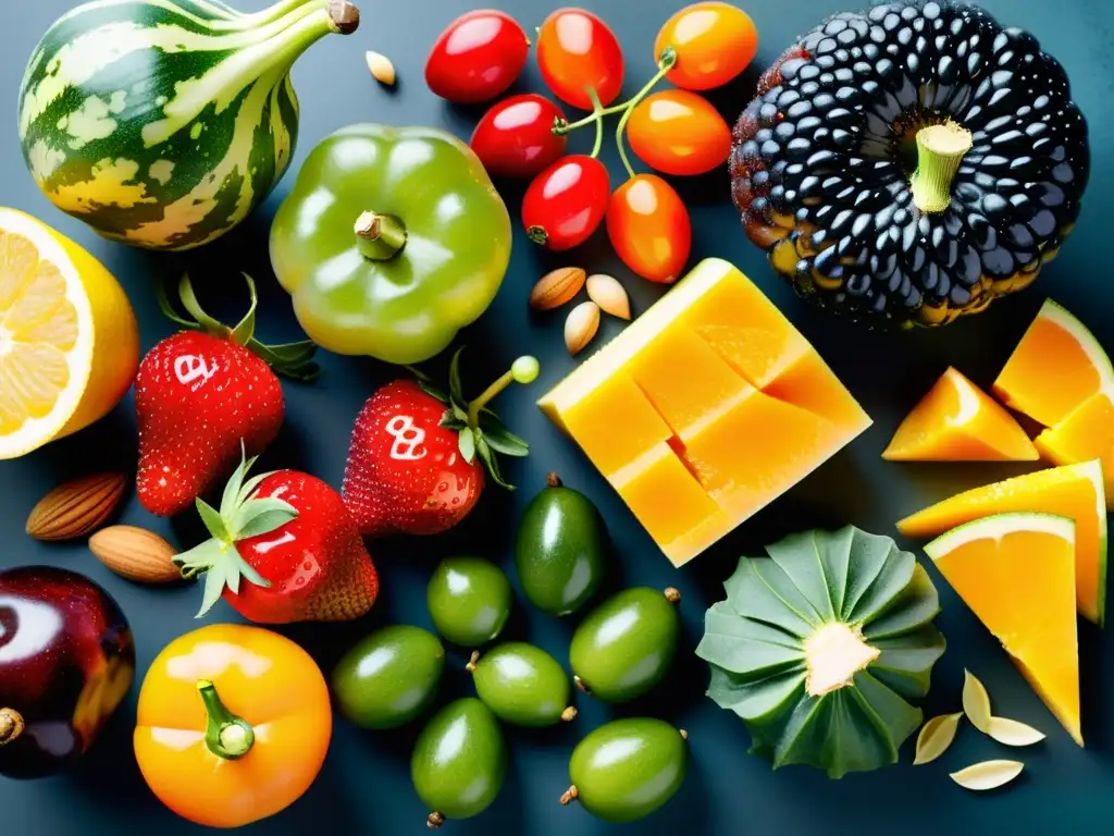 Exquisita variedad de alimentos frescos en cocina moderna Variedad de frutas, verduras y proteínas vegetales en cocina moderna