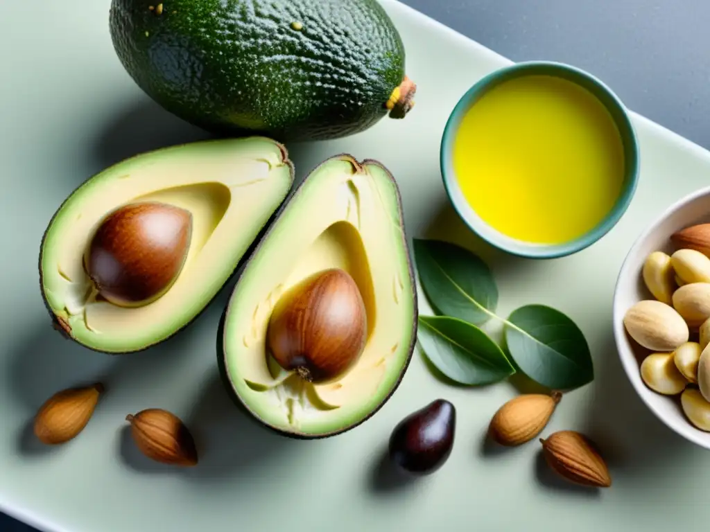 Delicias Saludables: Detalles de Ácidos Grasos Una variedad de grasas saludables como aguacates, nueces, aceite de oliva y pescado graso en una moderna encimera de cocina