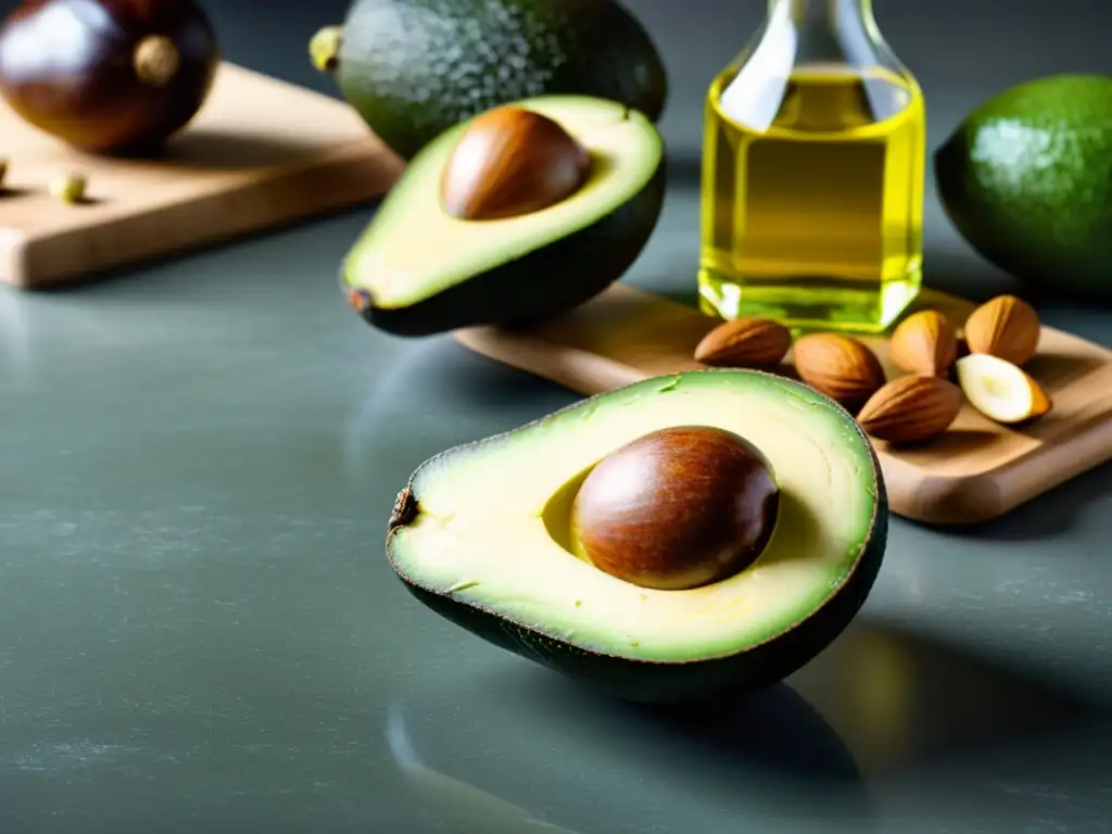 Exquisita variedad de grasas saludables en cocina moderna Una variedad de grasas saludables como aguacates, frutos secos y aceite de oliva en una elegante encimera de cocina