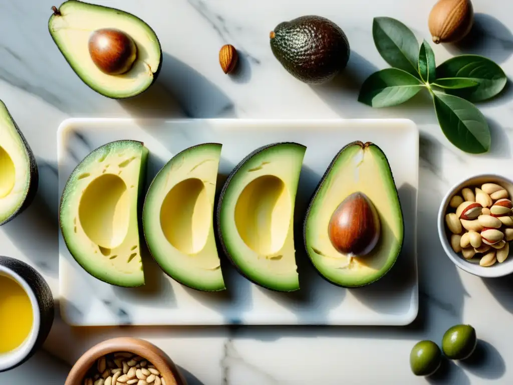 Arte culinario: diversidad de grasas saludables en mármol Variedad de grasas saludables en elegante tabla de mármol, con colores vibrantes y texturas ricas, reflejando la esencia de la recuperación muscular