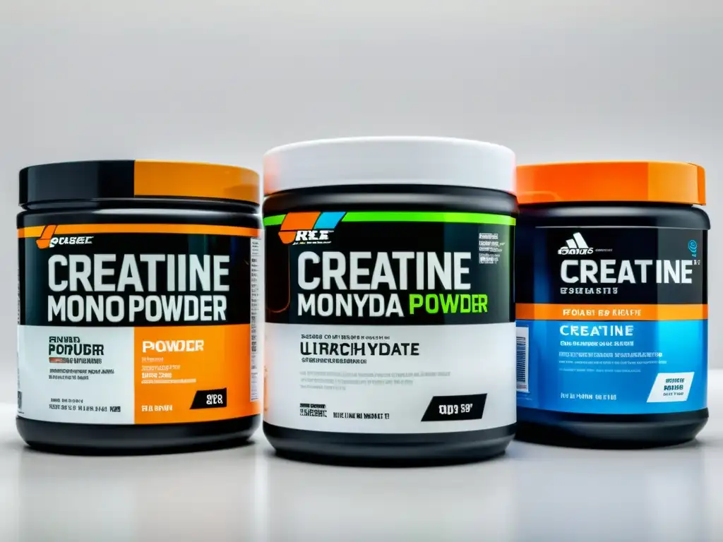 Variedad de Creatina Monohidratada en Polvo: Detalles Ultrafinos Una variedad de marcas de creatina monohidrato en envases modernos, destacando beneficios y rendimiento deportivo en superficie blanca minimalista