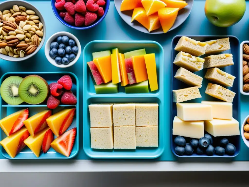 Snacks energéticos y saludables para el descanso en el fútbol Variedad de snacks estratégicos para nutrición deportiva, presentados con energía y modernidad en bandejas vibrantes