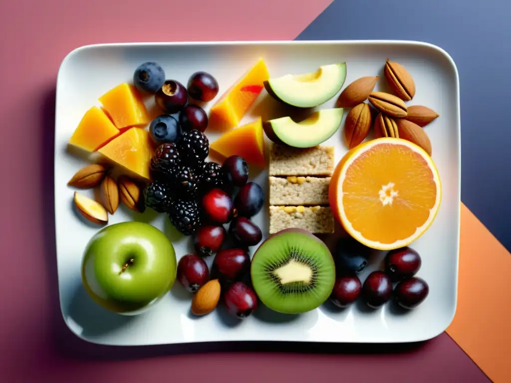 Deliciosos snacks energéticos para nutrición atlética Una variedad de snacks saludables y coloridos, con frutas, frutos secos y barras de energía, en una presentación moderna