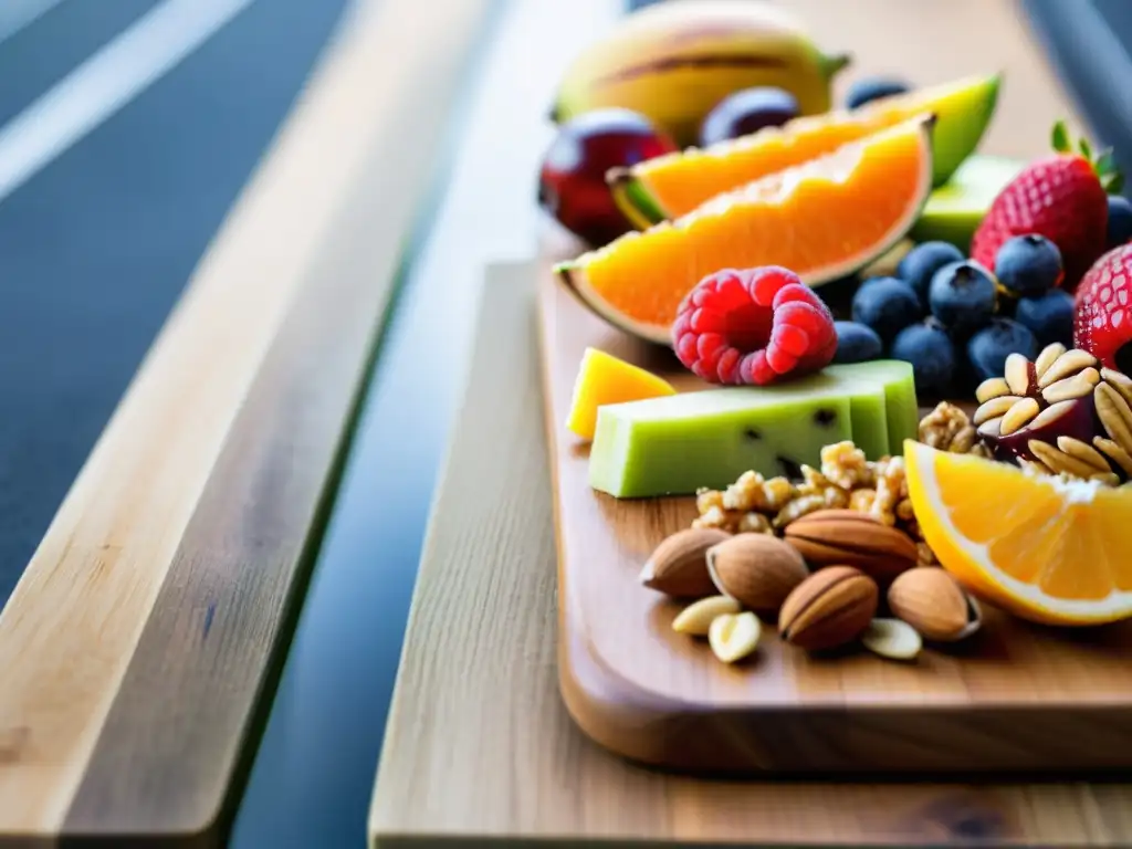Snacks saludables para entrenamientos largos Una variedad de snacks saludables en tabla de madera, con fondo borroso de gimnasio o pista para largas tiradas entrenamiento