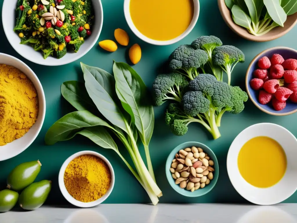 Alimentos antiinflamatorios: coloridos y vibrantes en la cocina Una variedad vibrante de alimentos antiinflamatorios para atletas acuáticos, dispuestos con esmero en una encimera de cocina moderna